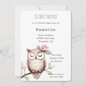 魅惑ピンクフラワーフクロウ誕生日 招待状 (正面)