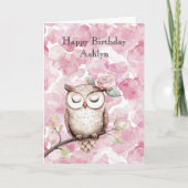 魅惑ピンクフローラフクロウ誕生日 カード (正面)