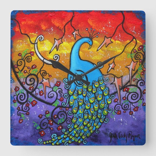 魅惑ピーコッククロック スクエア壁時計 (正面)