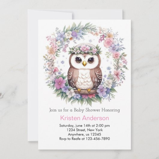 魅惑フクロウの森：女の子の赤ちゃんシャワー 招待状 (正面)