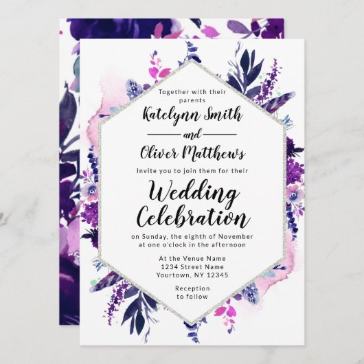 魅惑フローラバイオレット水彩六角結婚色 招待状 (正面/裏面)