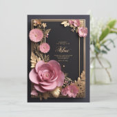 魅惑ブラックピンク3Dフラワーグリーティングカード 案内状 (スタンド正面)