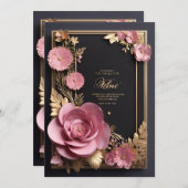 魅惑ブラックピンク3Dフラワーグリーティングカード 案内状 (正面/裏面)