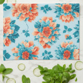魅惑ブルーとオレンジフローライラストレーション キッチンタオル (折り畳み)