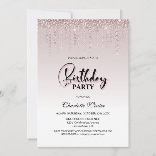魅惑的なほこりっぽいバラピンクダイヤモンドバースデーパーティー 招待状 (正面)