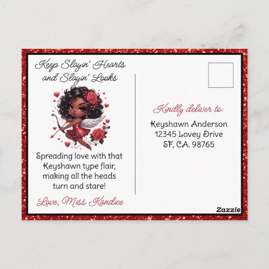 魅惑的なアフリカ系アメリカ人のキュピッド・バレンタインデー ポストカード (裏面)