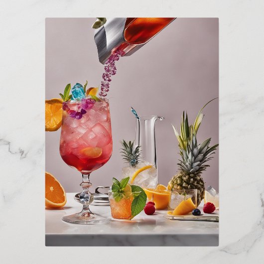 魅惑的なカクテルを見せる 箔シーズンポストカード (正面)