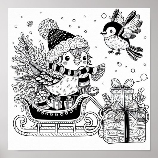 魅惑的なクリスマスの鳥のソリ遊びぬりえ ポスター (正面)