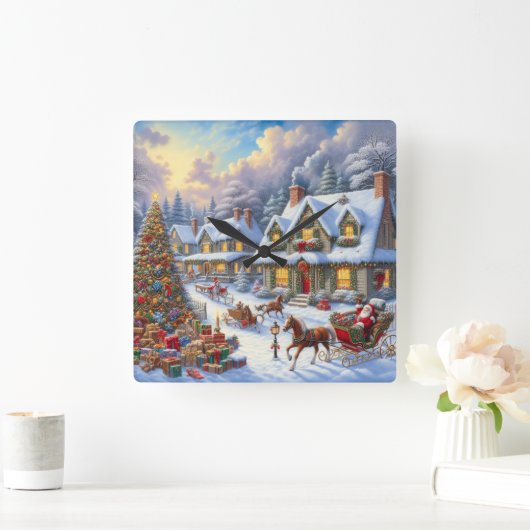 魅惑的なクリスマスビレッジシーン スクエア壁時計 (ホーム)