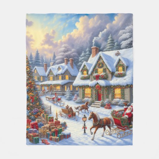 魅惑的なクリスマスビレッジシーン フリースブランケット (正面)