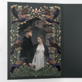 魅惑的なゴシックレーベンフローラバラ結婚金ゴールド 三つ折り招待状 (内部最初)