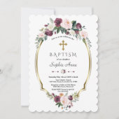 魅惑的なゴールド バーガンディ ブラッシュ フラワーの洗礼 招待状 (正面)
