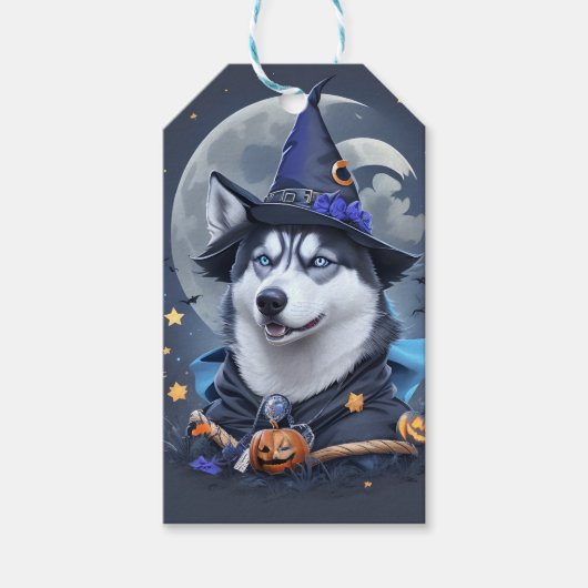 魅惑的なハスキー犬:魔法のハロウィーンの喜び ギフトタグ (正面)