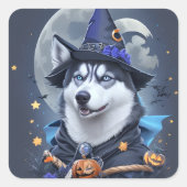 魅惑的なハスキー犬:魔法のハロウィーンの喜び スクエアシール (正面)