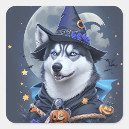 魅惑的なハスキー犬：魔法のハロウィーンの喜び スクエアシール