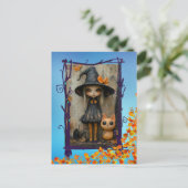 魅惑的なハロウィーンウィッチガール&パンプキンキャット シーズンポストカード (スタンド正面)