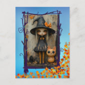 魅惑的なハロウィーンウィッチガール&パンプキンキャット シーズンポストカード (正面)