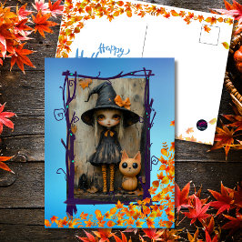 魅惑的なハロウィーンウィッチガール&パンプキンキャット シーズンポストカード