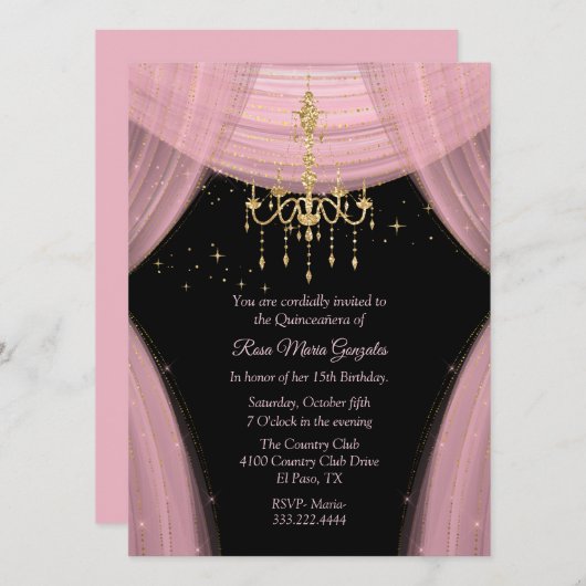 魅惑的なピンクと黒のクインセアニラ 招待状 (正面/裏面)