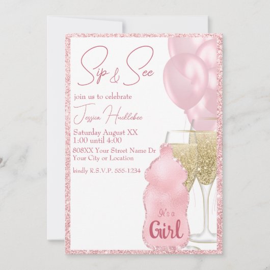 魅惑的なピンクのグリッターベビーガールsipと参照 招待状 (正面)