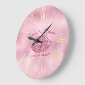 魅惑的なピンクのグリッター唇と金ゴールド ラージ壁時計 (傾斜)