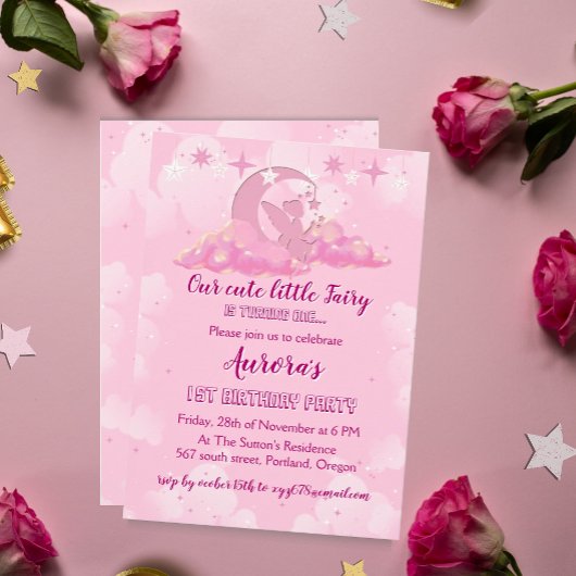 魅惑的なピンクの小さな妖精の雲の誕生日 招待状