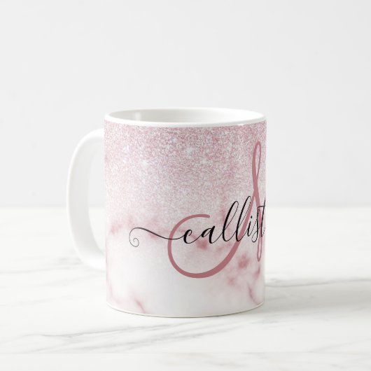 魅惑的なピンクの白いグリッター大理石グラデーシグラデーションョン コーヒーマグカップ (正面左)