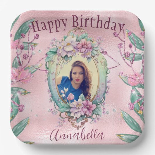 魅惑的なピンクグリッターおとぎ話フォト鏡 ペーパープレート (正面)