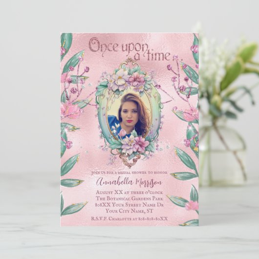 魅惑的なピンクグリッターおとぎ話フォト鏡 招待状 (スタンド正面)