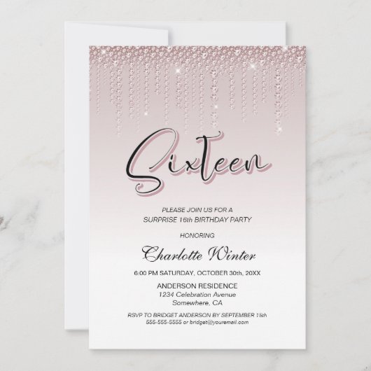 魅惑的なピンクダイヤモンドサプライズ16誕生日 招待状 (正面)