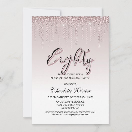魅惑的なピンクダイヤモンドサプライズ80誕生日 招待状 (正面)