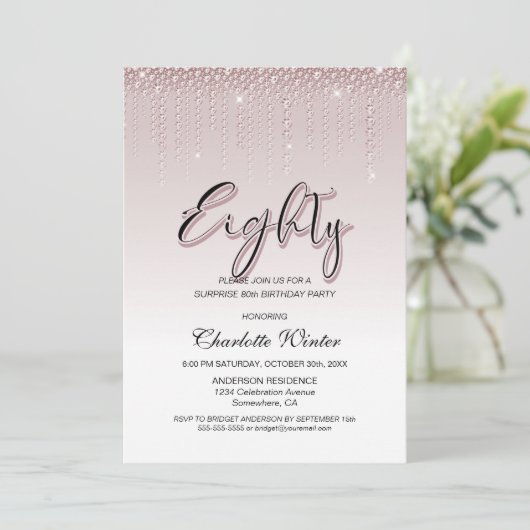 魅惑的なピンクダイヤモンドサプライズ80誕生日 招待状 (スタンド正面)