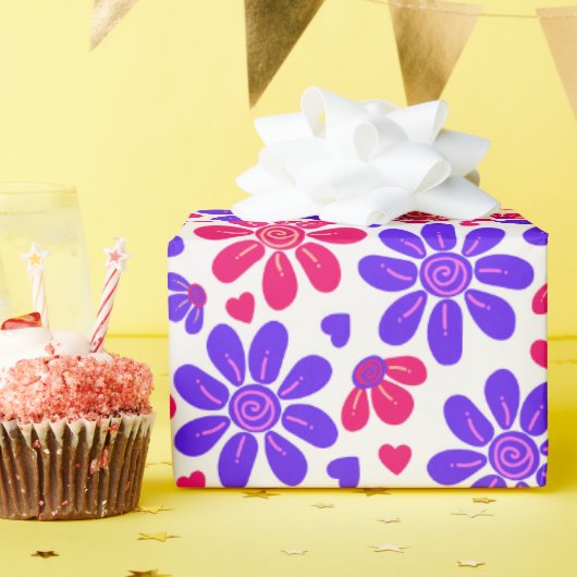 魅惑的なフローラハートピンクとブルー ラッピングペーパー (誕生日パーティー)