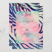 魅惑的なホログラフィックグリッターブルーゼブラストライプ 招待状 (正面/裏面)