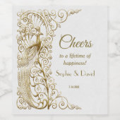 魅惑的なホワイト金ゴールドアールデコ結婚ピーコックス ワインラベル (シングルラベル)