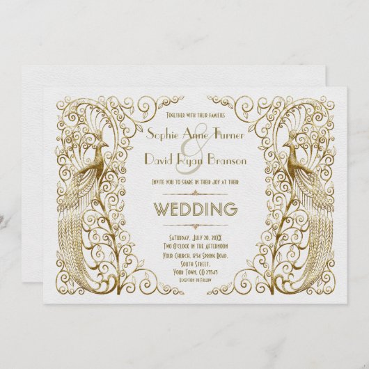 魅惑的なホワイト金ゴールドアールデコ結婚ピーコックス 招待状 (正面/裏面)