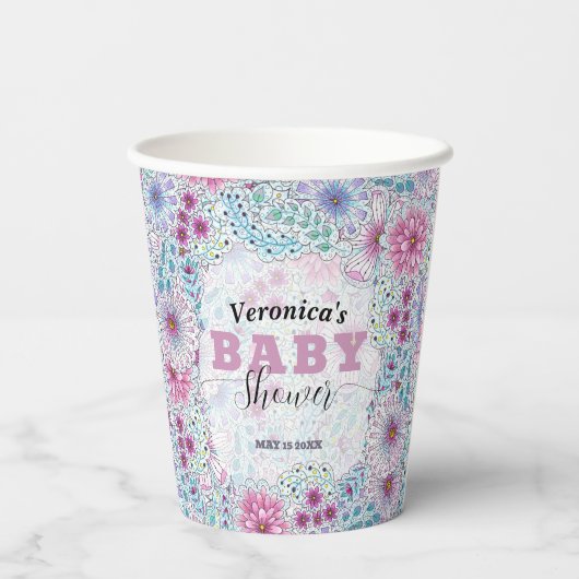魅惑的なボヘミアン牧草地の花ベビーシャワー 紙コップ (裏面)