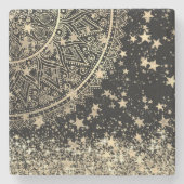 魅惑的なマンダラと金ゴールド星オンブラック ストーンコースター (正面)