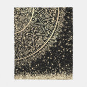 魅惑的なマンダラと金ゴールド星オンブラック フリースブランケット (正面)