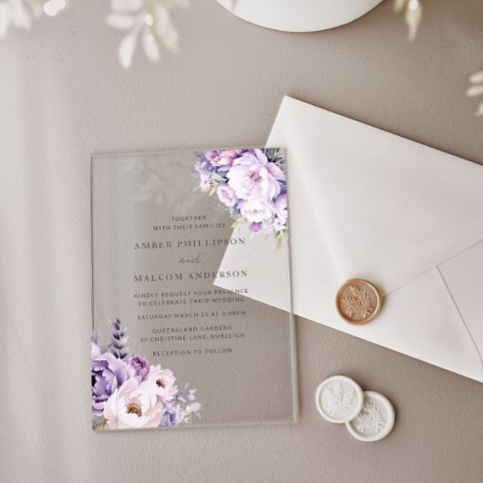 魅惑的なラベンダーヘイズ結婚フローラ アクリル招待状