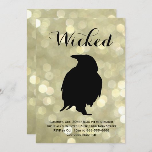 魅惑的なレイヴン金ゴールドハロウィーンの衣装パーティー 招待状 (正面/裏面)