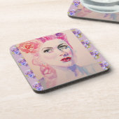 魅惑的なレトロ女性ヴィンテージ紫色の水色 コースター (左側)