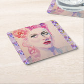 魅惑的なレトロ女性ヴィンテージ紫色の水色 スクエアペーパーコースター (アングル)