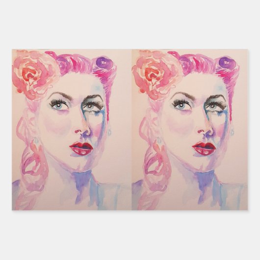 魅惑的なレトロ女性ヴィンテージ紫色の水色 ラッピングペーパーシート (正面3)