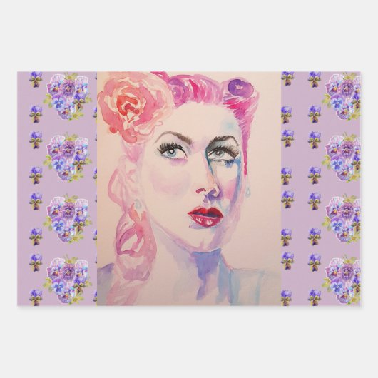 魅惑的なレトロ女性ヴィンテージ紫色の水色 ラッピングペーパーシート (正面)
