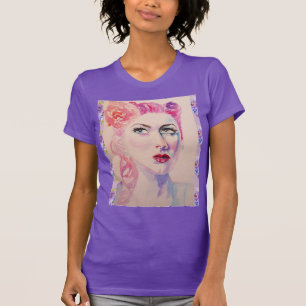 魅惑的なレトロ女性ヴィンテージ紫色の水色 Tシャツ