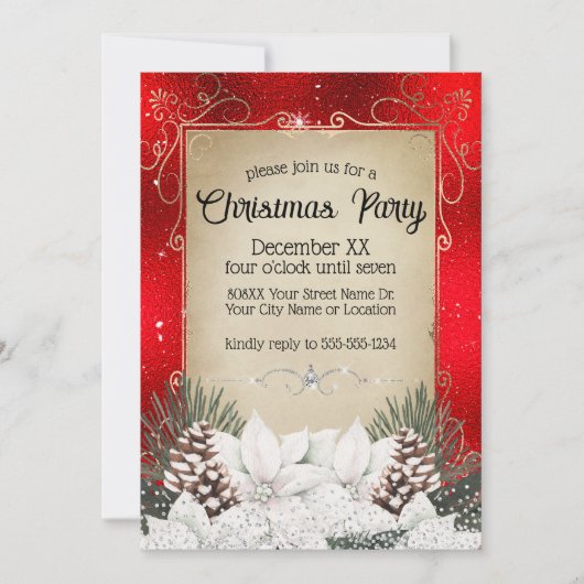 魅惑的な冬のフローラホワイトポインセティアスオンレッド 招待状 (正面)