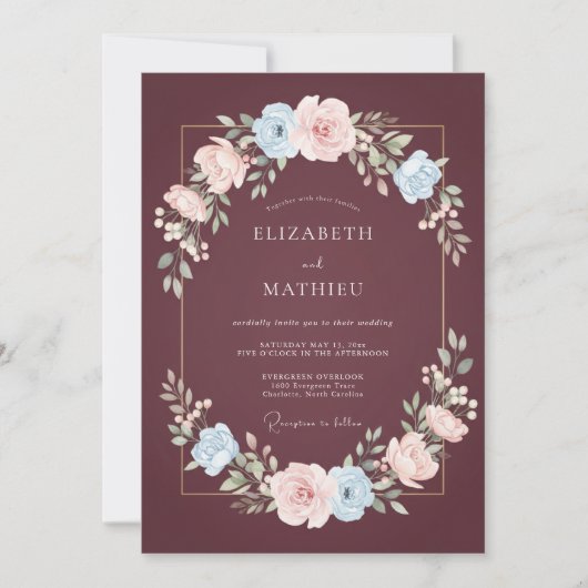 魅惑的な冬の結婚式 マルーンレッド 招待状 (正面)