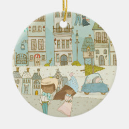 魅惑的な冬の街の風景 セラミックオーナメント