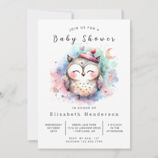 魅惑的な印刷可能なフクロウの赤ちゃんシャワー 招待状 (正面)